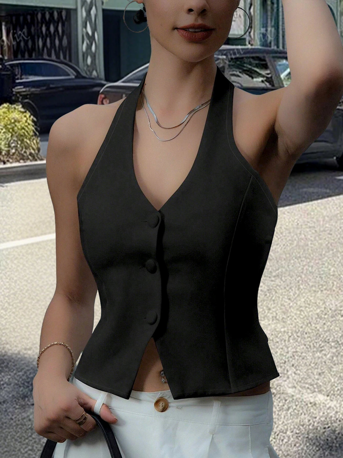Women Halter Neck Button Vest Top Back Tie V Neck