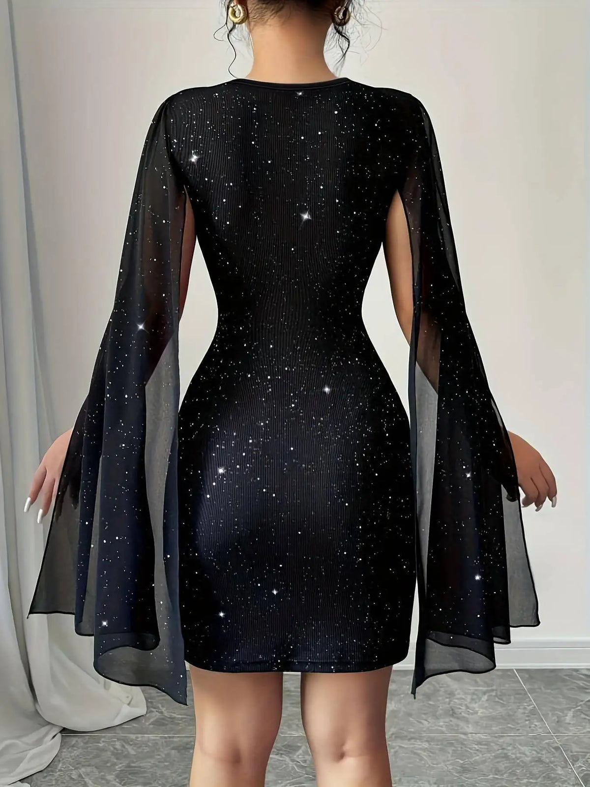 Women Glitter Bodycon Lace Cape Sleeve Party Evening Dress