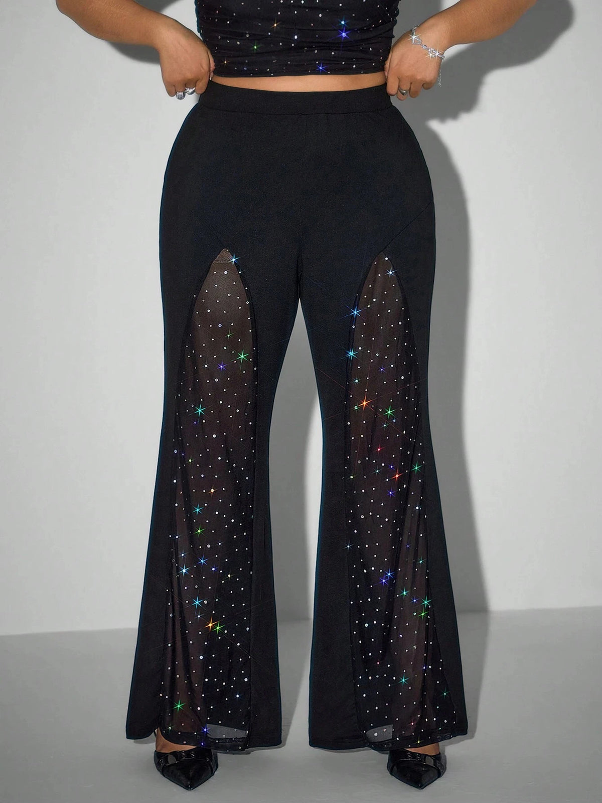 Mesh Rhinestone Flare Pants High Waist Sparkly Bell Bottom Trousers
