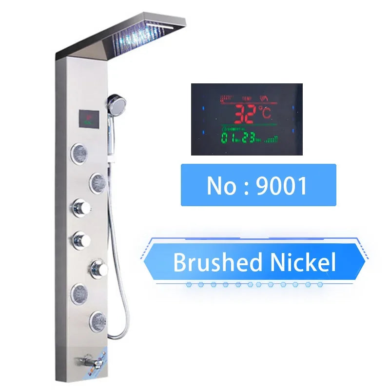 LED Shower Panel Digital Display Shower Faucet System Set Rain Waterfall Bathroom Column Mixer With SPA Massage Jet