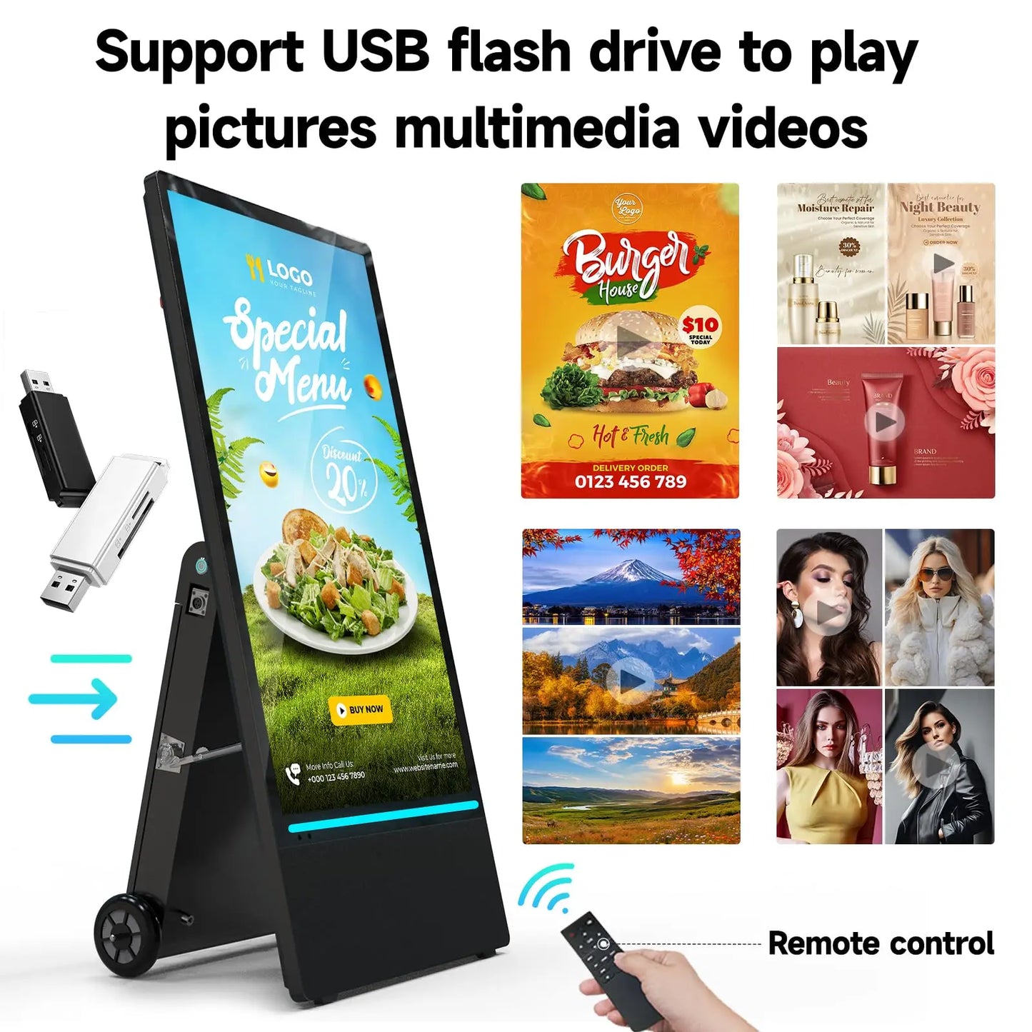 Rechargeable Portable Outdoor 43 inch  Digital Signage Displays, IP55 Waterproof, Smart LCD Split Screen, Movable Kiosk