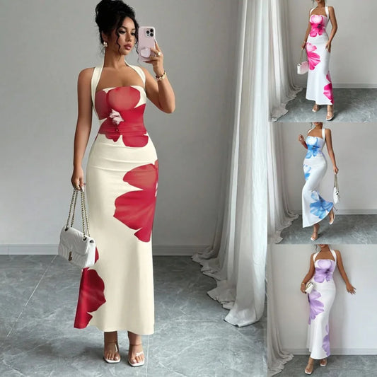 【New style】European and American   women's clothing 2026 new style  hot style hanging neck backless long dress bag hip printed
