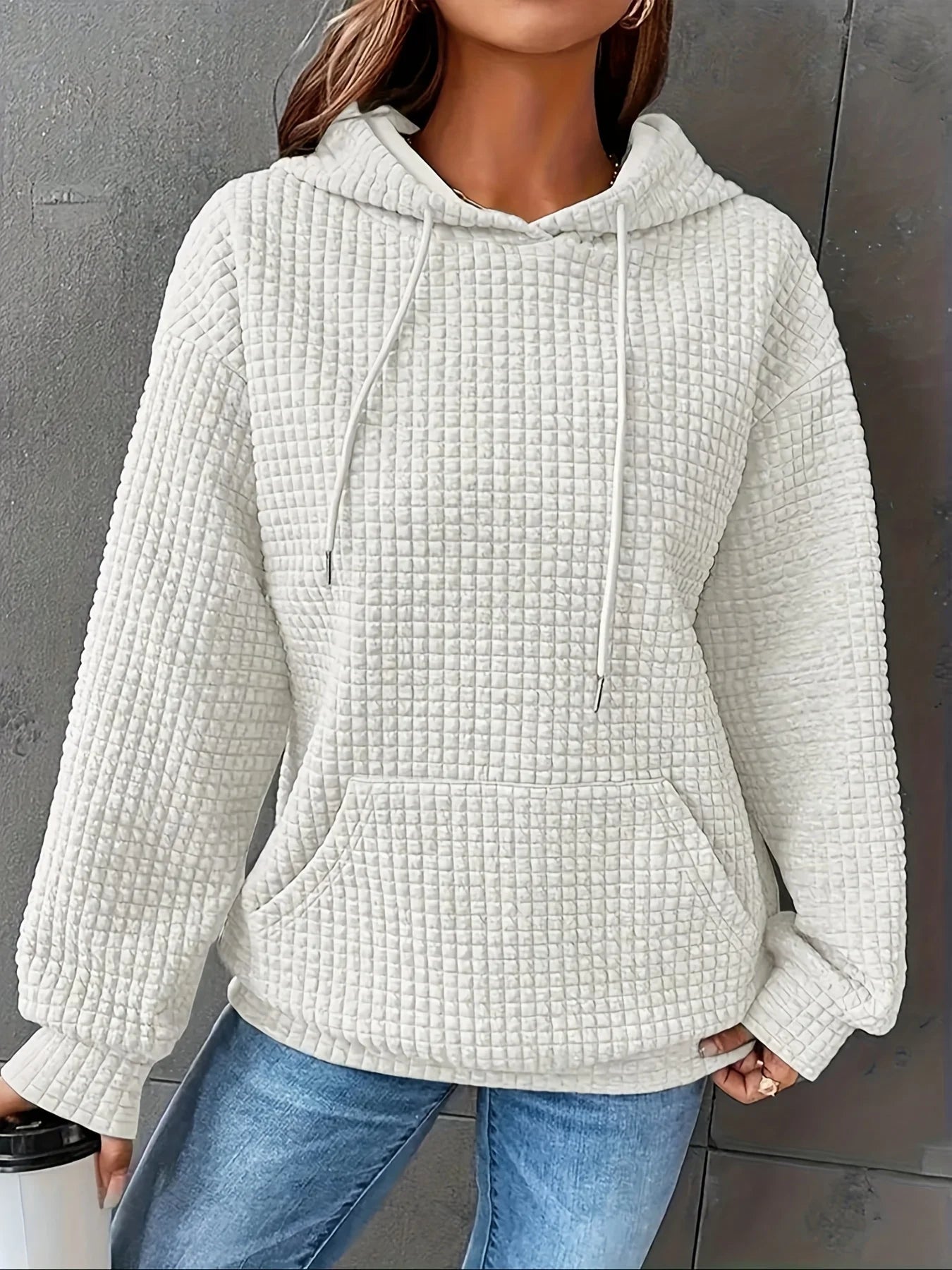 Women Waffle Knit Hoodie Drawstring Pullover Sweatshirt Kangaroo Pocket
