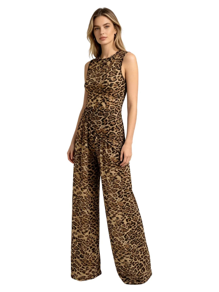 Women's Sheer Leopard Print Vest and Wide Leg Trousers Set