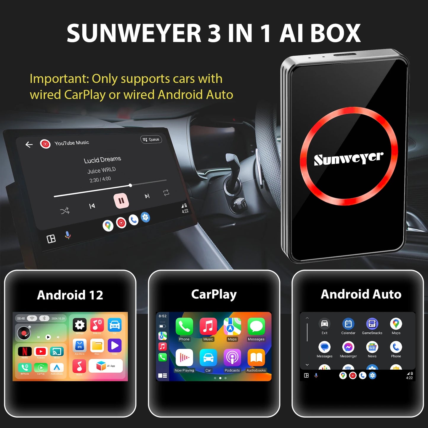 Wireless CarPlay Adapter – Android Auto AI Box with Netflix, YouTube, Hulu, App Installation, Dual-Band WiFi 6, Bluetooth, HDMI
