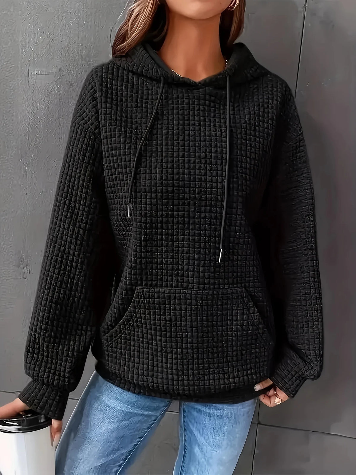 Women Waffle Knit Hoodie Drawstring Pullover Sweatshirt Kangaroo Pocket