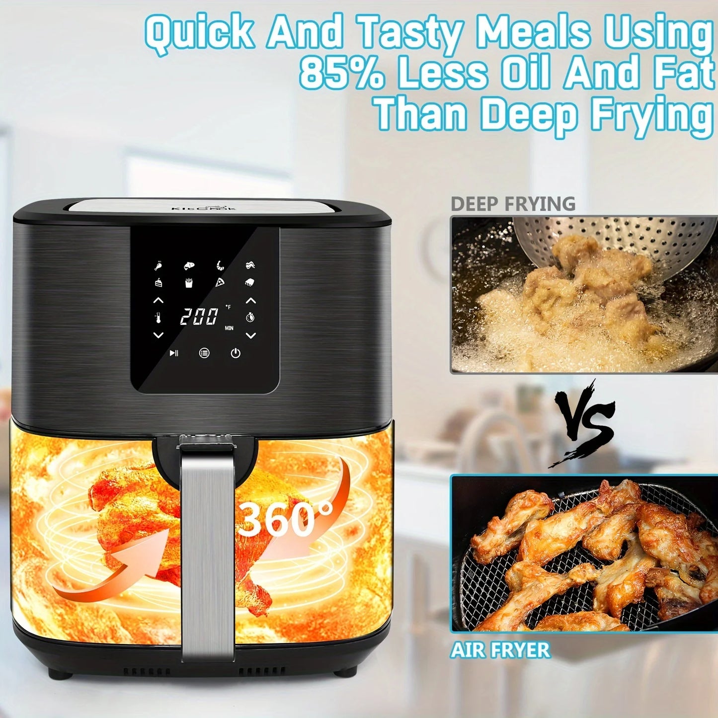 KitCook 1500W Air Fryer With 8 Presets Digital Touch Screen Temperature 100-400F
