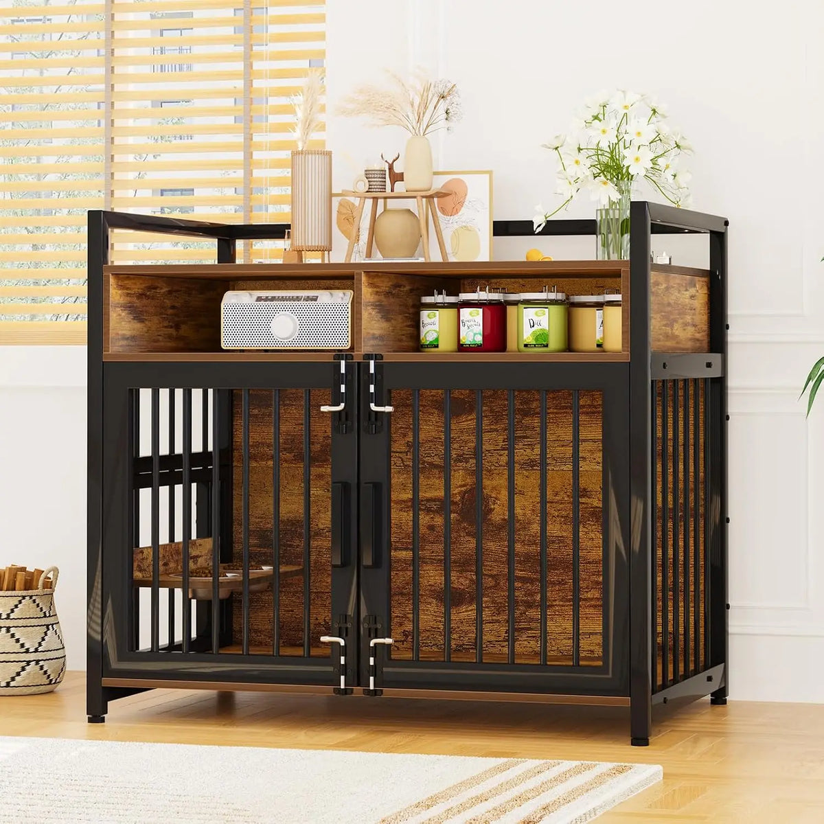 Garvee Wooden Indoor Dog Crate Furniture With Storage Shelves