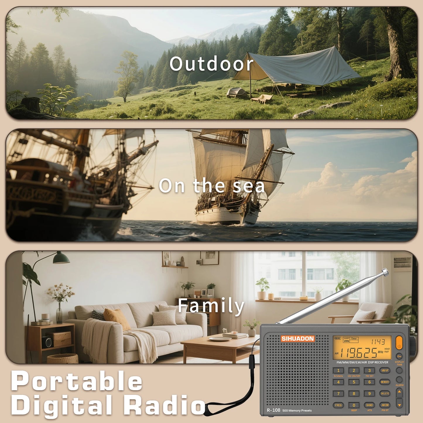 SIHUADON R108 DSP Radio AM FM SW LW Airband Full Band Receiver Battery Operated with Headphone Antenna Jack Sleep Time and Alarm