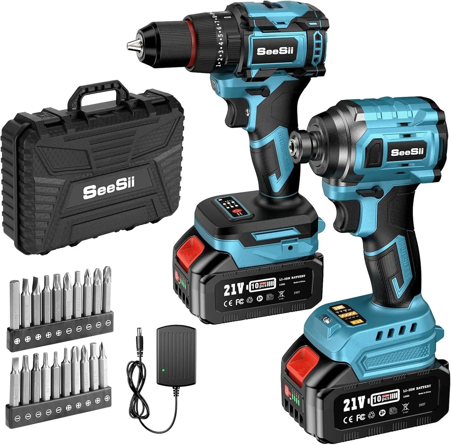 SEESII 21V Max Cordless Electric Drill and Impact Driver Screwdriver Tool Kit 3/8'' Drill & 1/4'' Impact Driver 2x 4.0Ah Battery