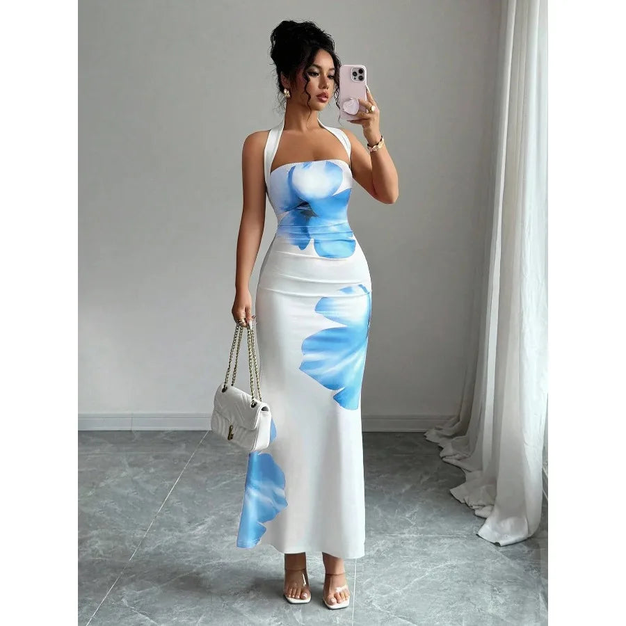 【New style】European and American   women's clothing 2026 new style  hot style hanging neck backless long dress bag hip printed