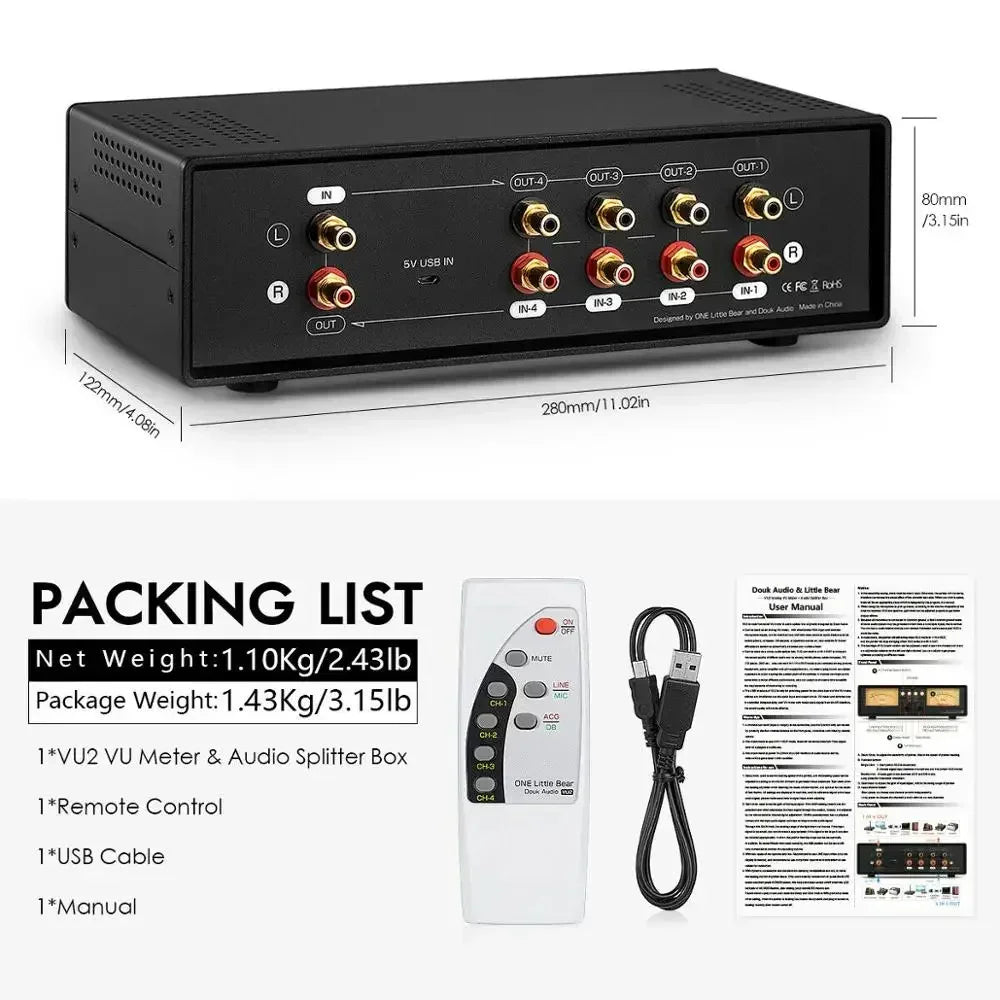 Nobsound MIC+LINE Analog Dual VU Meter Sound Level DB Panel Display 4-way Audio Splitter Switcher Box Music Spectrum Visualizer