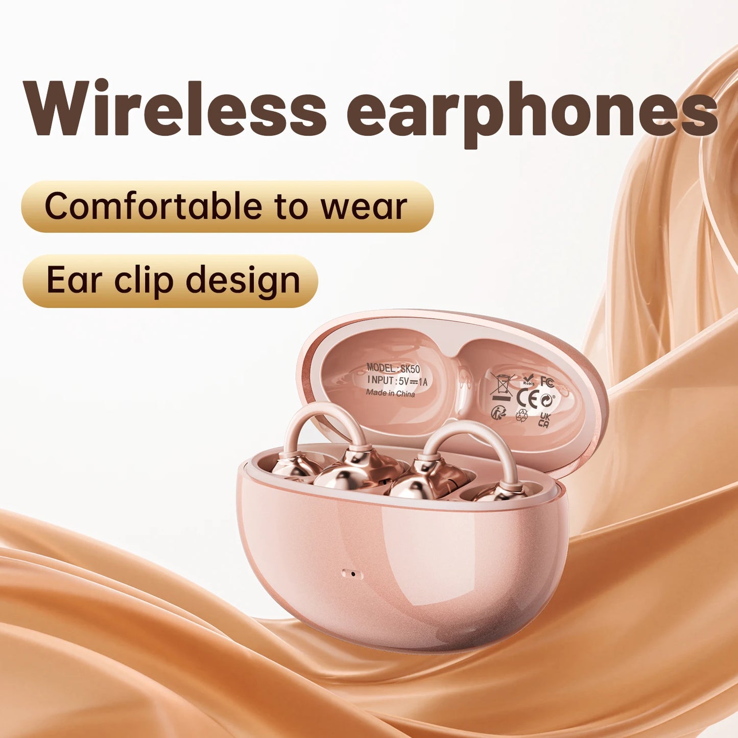 Open Ear Clip Headphones, Wireless Bluetooth 6.0 Headphones, Built-in Microphone and Ear Hook, Comfortable to Wear, High Fidelity Sound Quality, Playback Time of 36 Hours, Perfect for Women's Decoration Headphones SK 50 for S