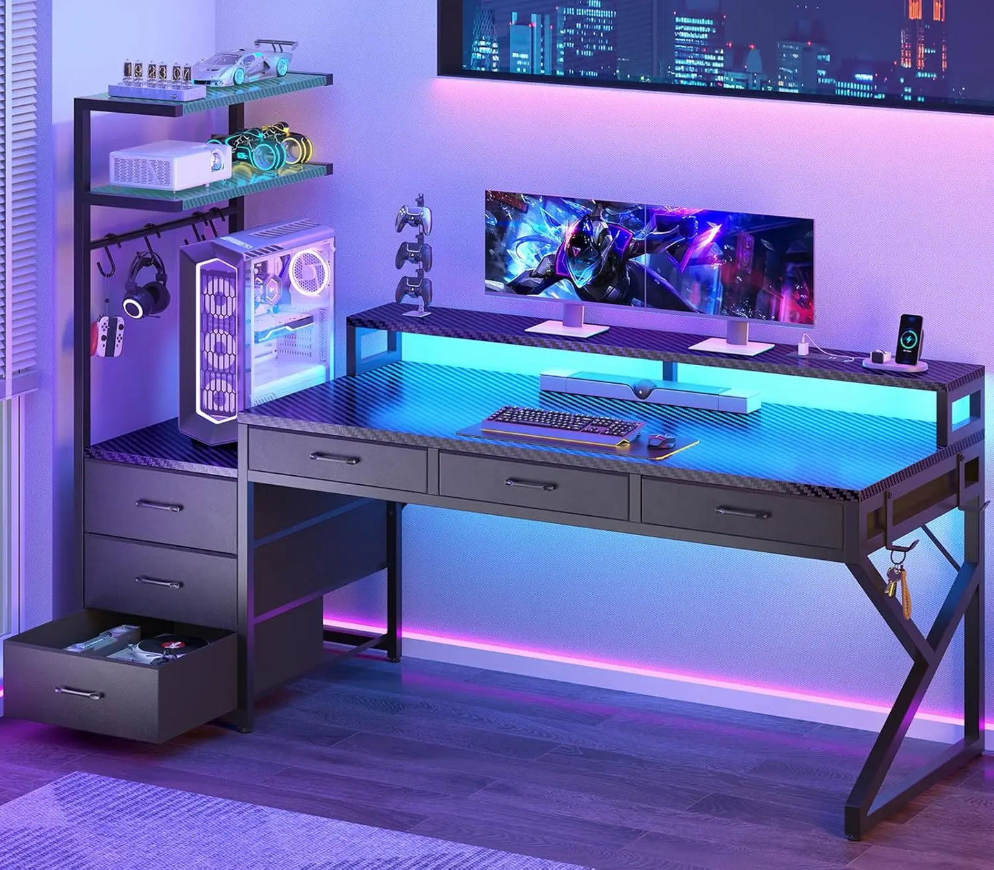 MOYU Gaming Desk With Storage Drawers And LED Lights
