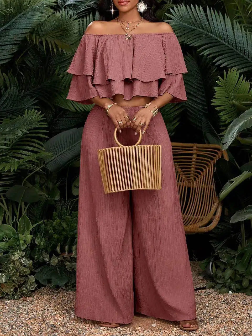 Women Off Shoulder Ruffle Crop Top With Wide Leg Pants
