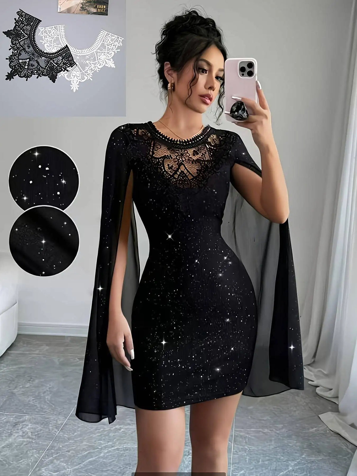 Women Glitter Bodycon Lace Cape Sleeve Party Evening Dress