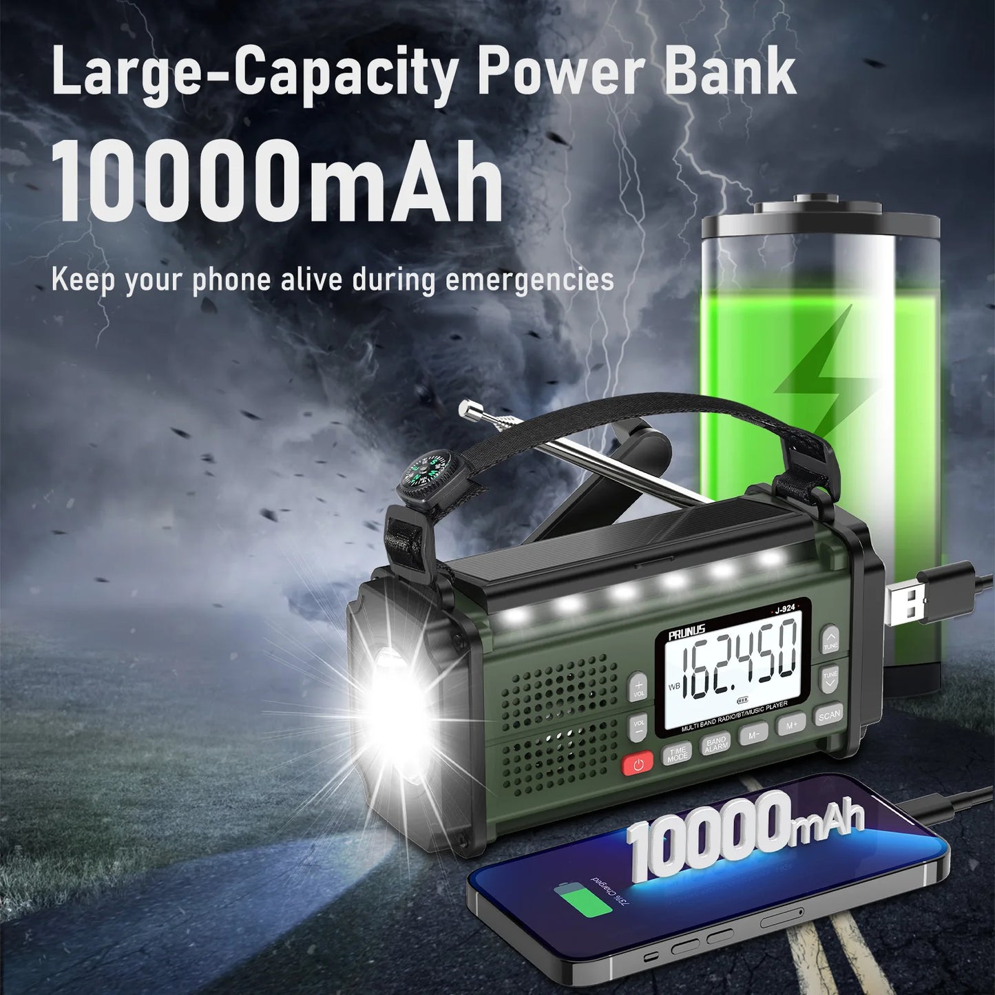 PRUNUS 924 10000mAh Hand Crank Radio, AAA Batteries Powered Emergency Radio Solar, NOAA Weather Radio AM/FM/SW Power Bank Light