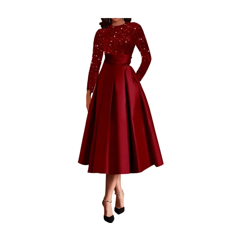 Women Crew Neck Long Sleeve Sequin Patch Tie Midi Dress