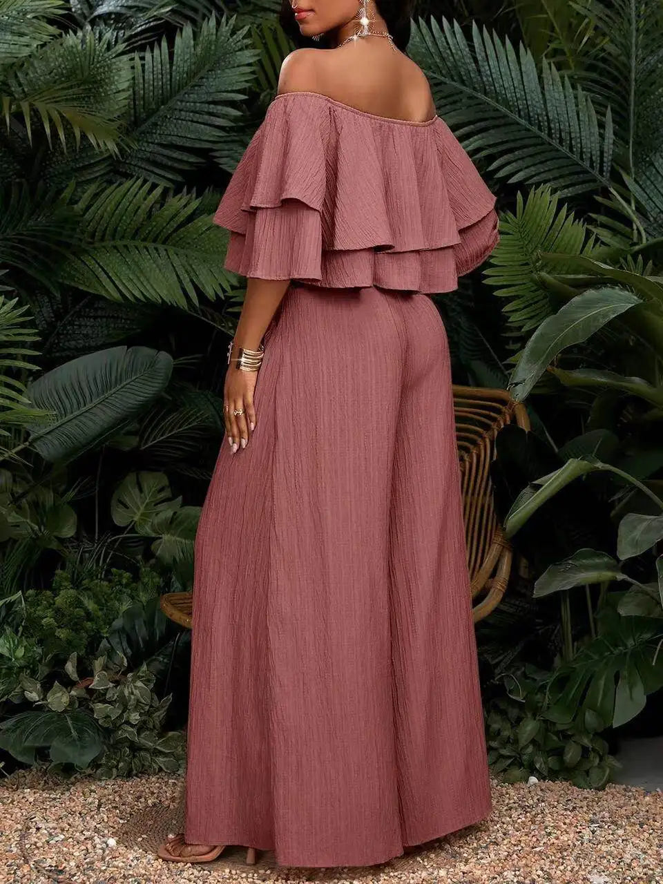 Women Off Shoulder Ruffle Crop Top With Wide Leg Pants