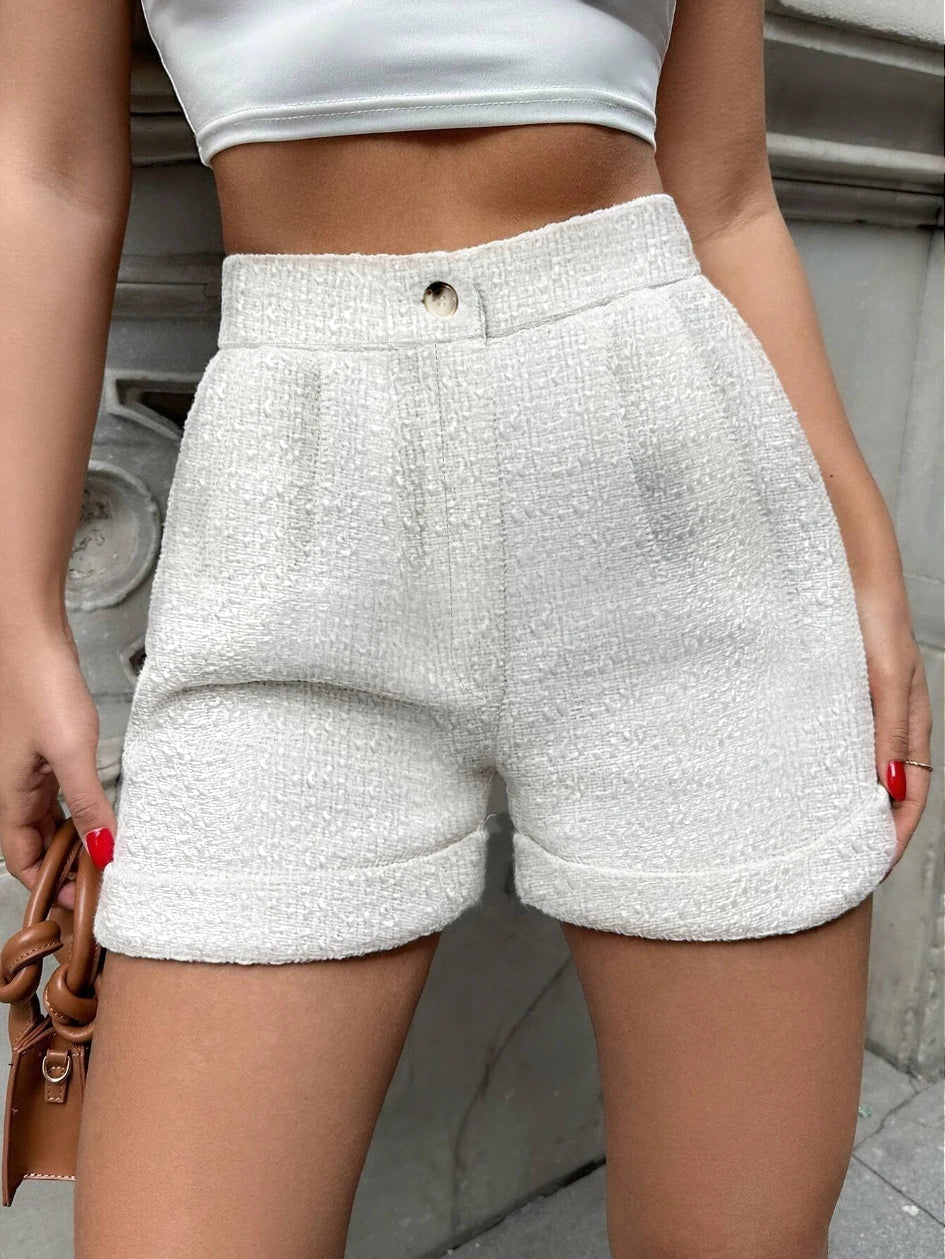 Women Tailored High Waist Tweed Shorts Featuring Functional Side Pockets